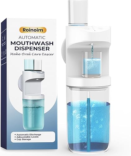 Dispensador automático de enjuague bucal, dispensador de enjuague bucal de 18.6 fl oz (19.35 onzas) para baño con vasos magnéticos, 3 niveles de