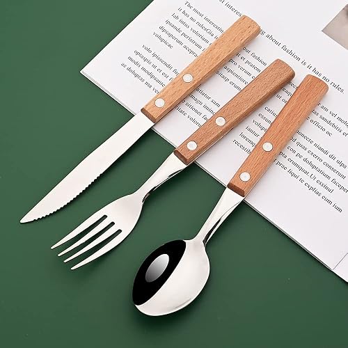 Miniatura 4 de Juego de cubiertos de mango de madera, juego de cubiertos de acero inoxidable 304, tenedores, cucharas, cuchillos, cubiertos para 2 personas con