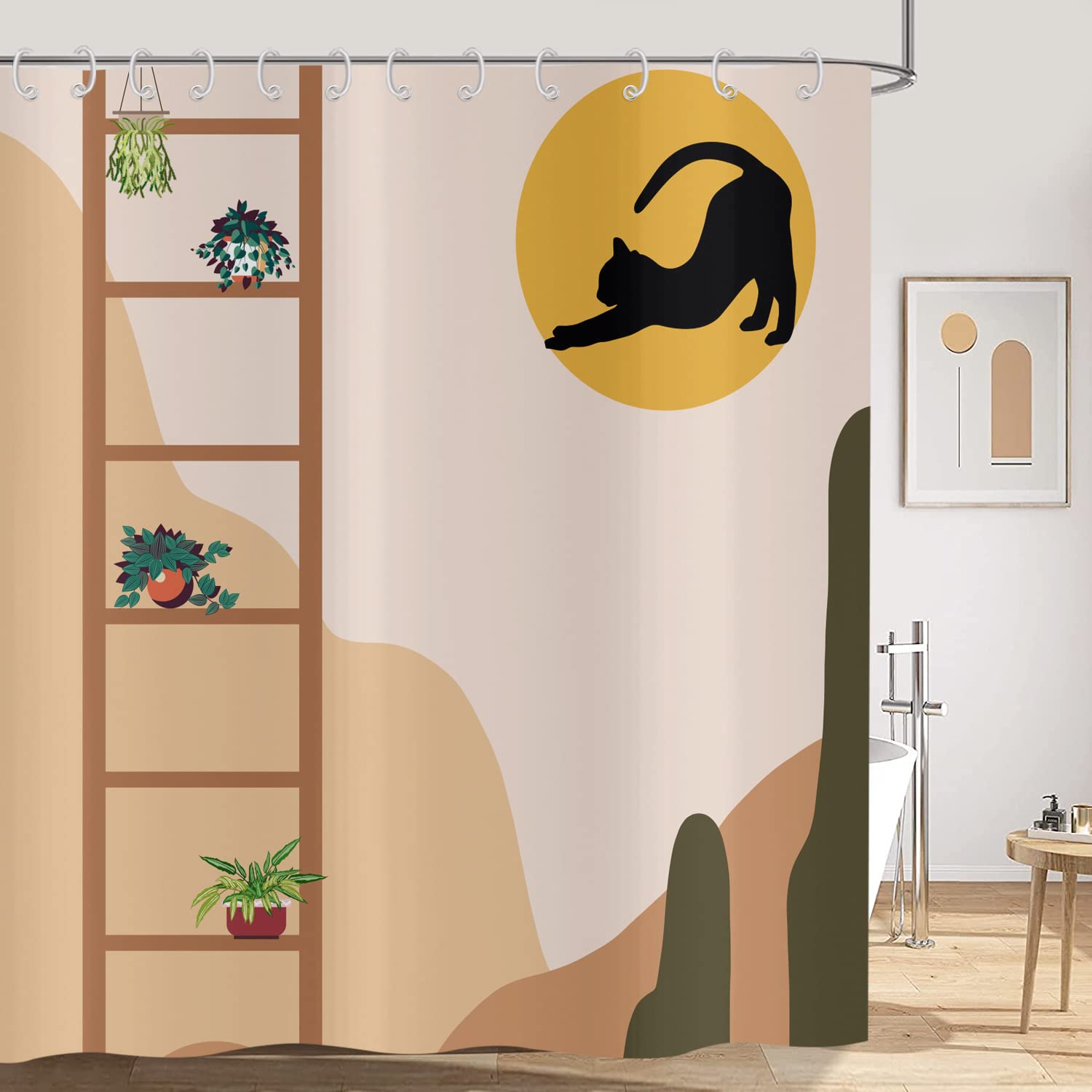 Hnmdmyi Boho Shower Curtain 240x180, Mid Century Abstract Black Cat Sun Succulent Potted Bathroom Curtains Modern Minimalistic Geometric Aesthetic Art Waterproof Polyester Fabric Bath Curtains