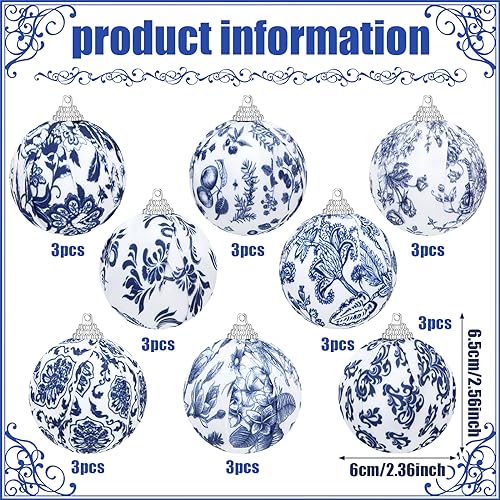 Liliful IAN-LILIFUL-2890 24 Pieces White And Blue Christmas Chinoiserie Ornaments Ball Fabric Wrapped Hanging Christmas Ball Decorative Tree Ornaments thumb #1