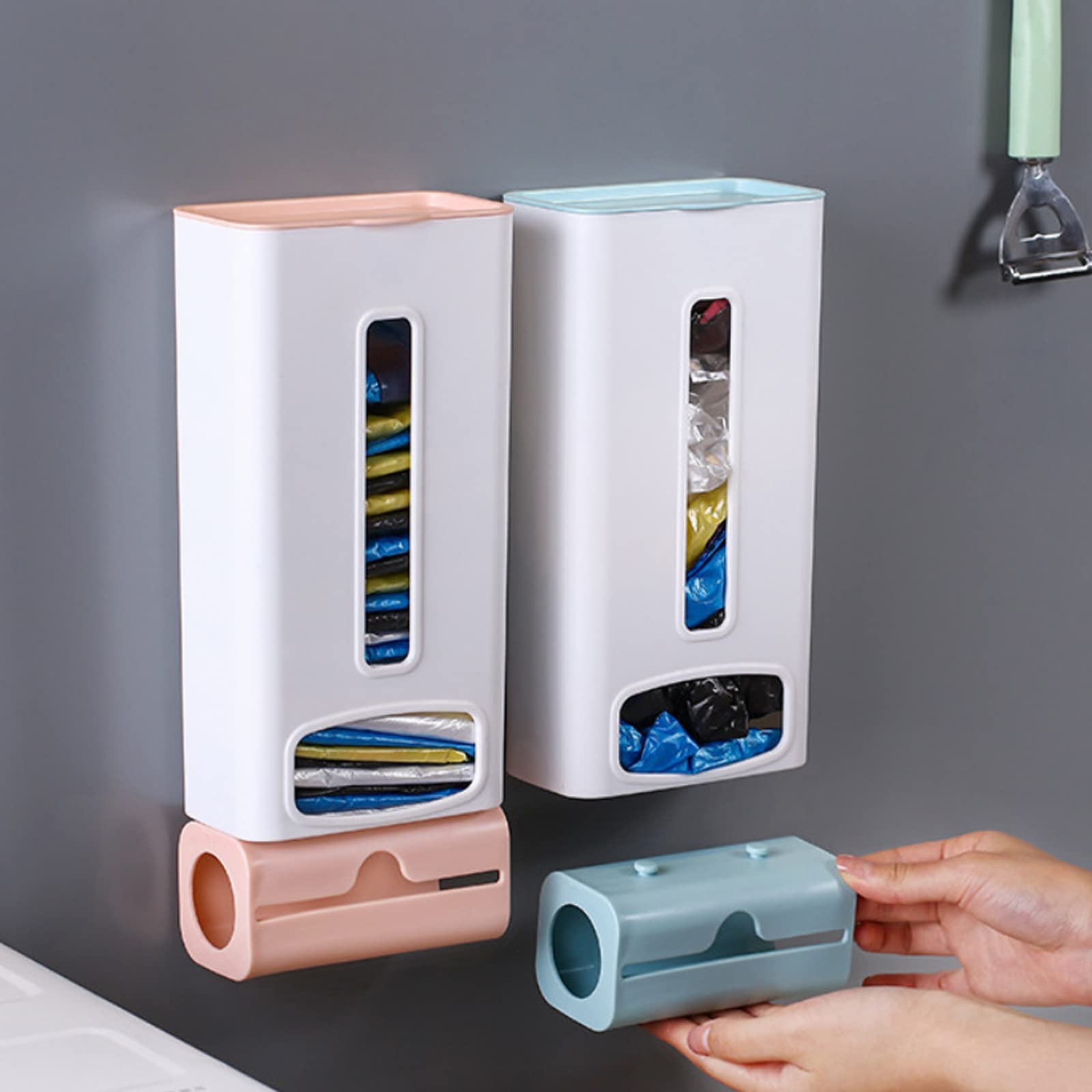 Dispensador de bolsas de plástico autoadhesivo para montar en la pared, caja de almacenamiento de basura de fácil acceso para armarios, color azul oscuro, fácil instalación, para tu espacio
