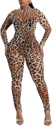 Womens Sexy Leopard Print Mesh Jumpsuit Brown High Waist Bodycon One Piece Romper