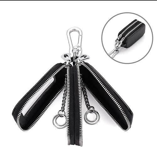 Miniatura 6 de BELOMI Funda para llavero de automóvil, de piel auténtica, con cordón y cierre de cremallera, funda de protección para llaves para hombres y mujeres