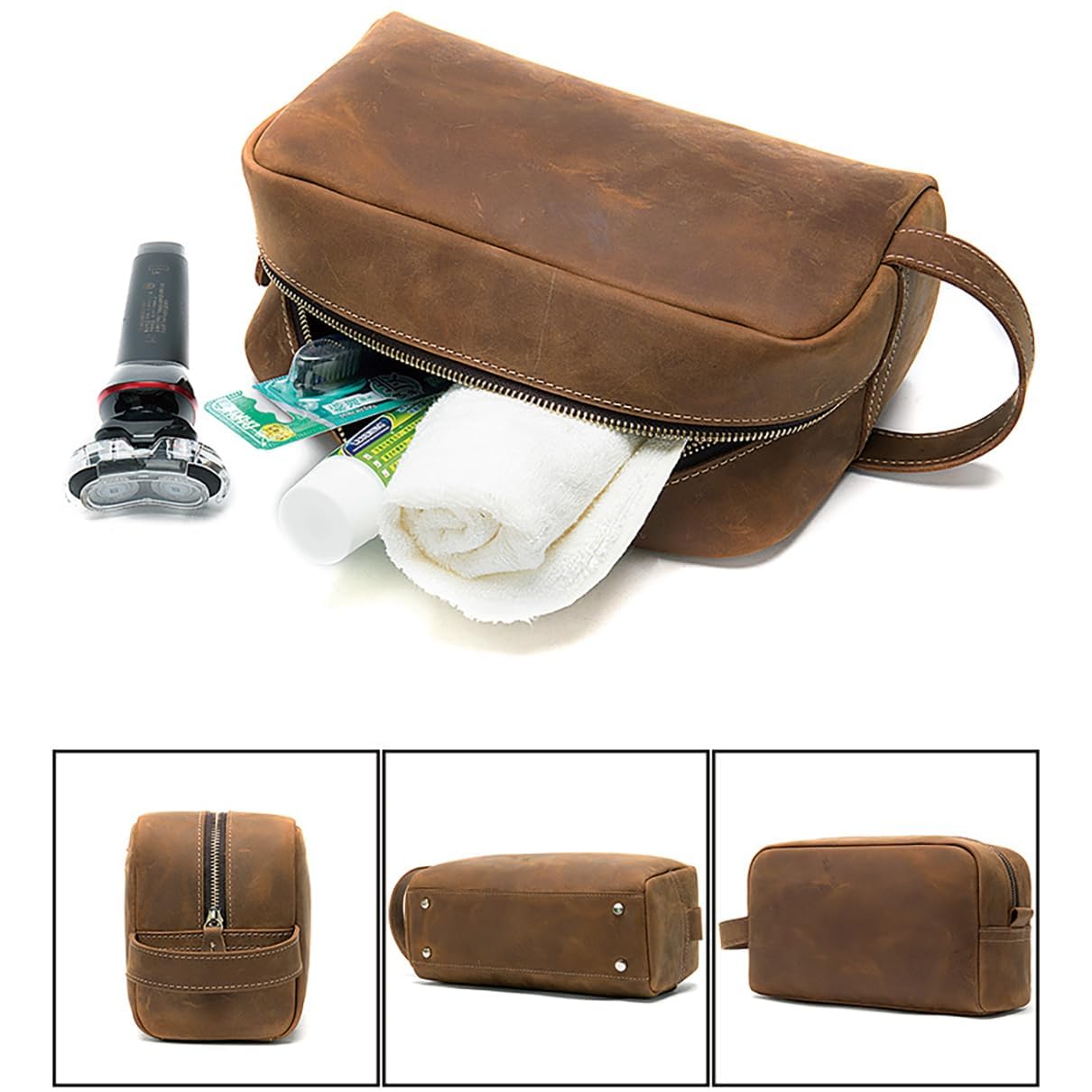 Neceser de viaje de cuero vacuno para hombre, kit de afeitado resistente al agua y organizador de cosméticos, bolsa de aseo unisex, Marrón1