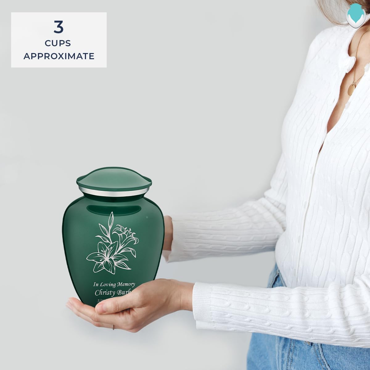 Geturns Embrace Small Personalized Lily Cremation Urns for Human Ashes I Green Funeral Urn for Women and Men I Holds up to 44 Cubic Inches