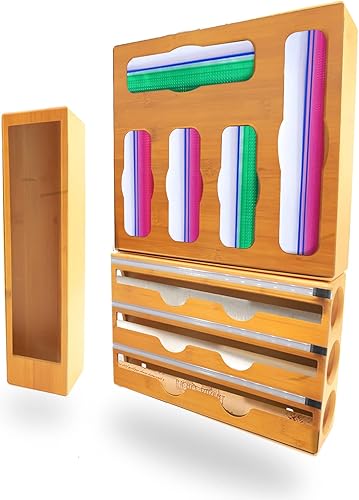 TZUJYPJ Ziplock Organizador de bolsas de bambú, dispensador de papel de aluminio y plástico con cortador, organizador para cajón, cajón de cocina 9