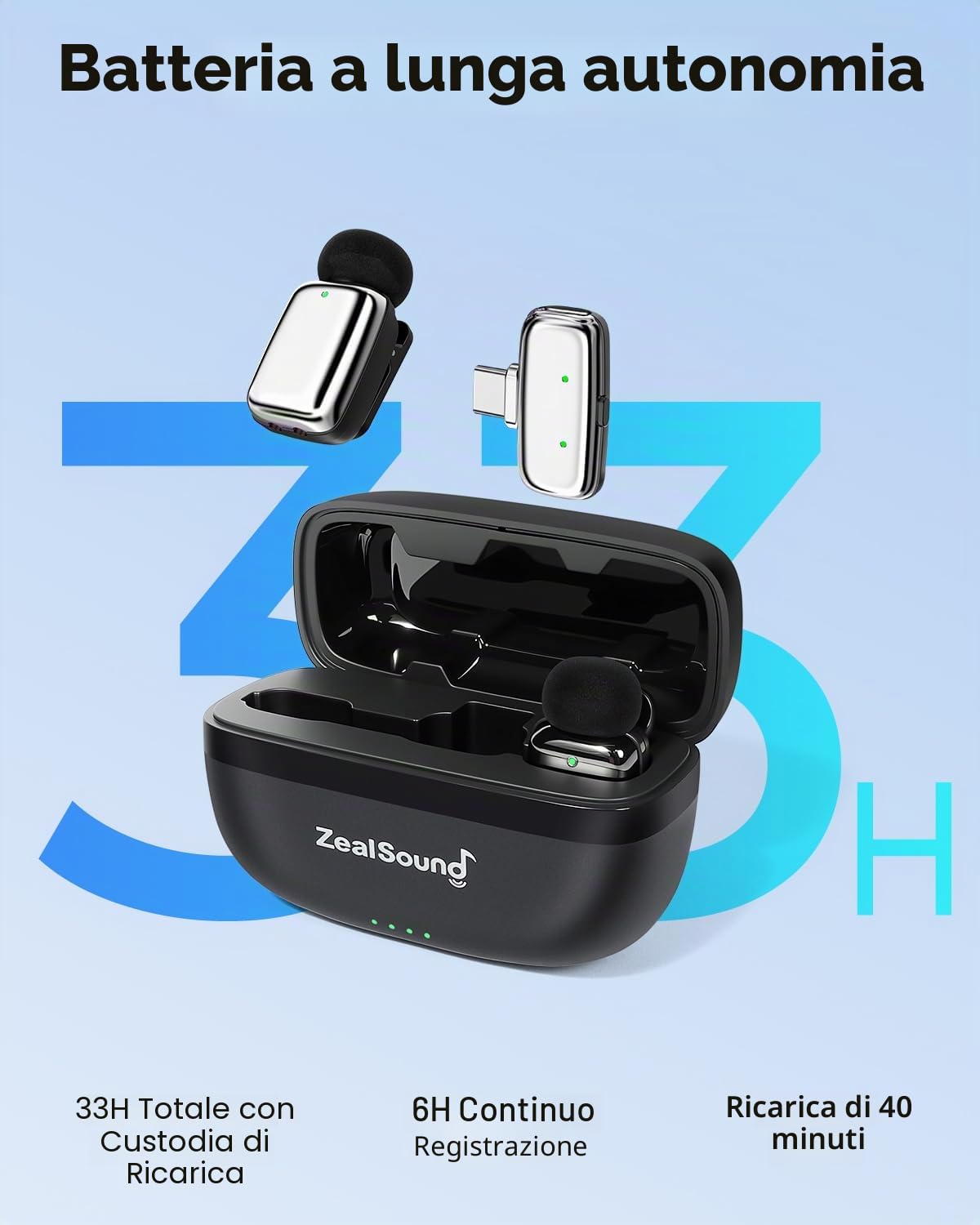 zealsound Microfono Lavalier Wireless Mini per *phone, Android, PC (USB-C/Light-ning) Riduzione del Rumore, 33H di Autonomia con Custodia di Ricarica, Ideale per TikTok, Podcast, ASMR, Video YouTube
