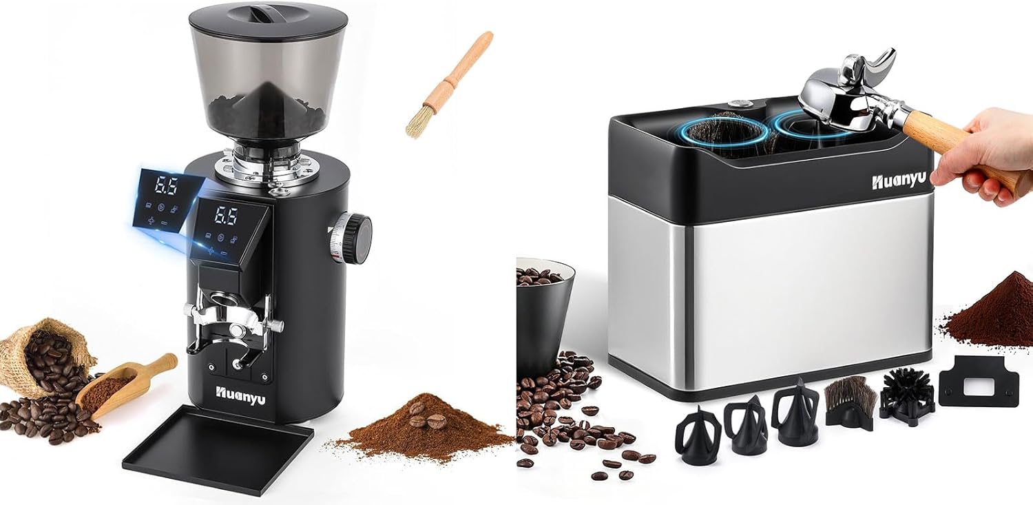 Huanyu Commercial Coffee Grinder Variable Speed 8 Stepless Grinding Settings Grinder and Huanyu Electric Espresso Portafilter Cleaner with Dual Brush Heads and Three Scrapers Bundle