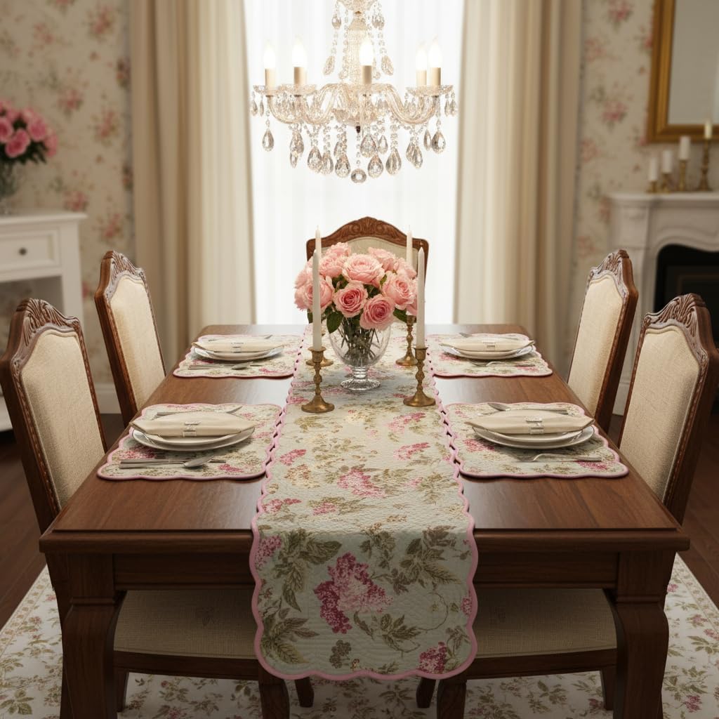 Mint Blush - Bloom Collection Luxury Handcrafted Runner (Reversible) Cotton Quilted Fabric Machine Washable – Elegant Home Decor – 14 x 72 inches