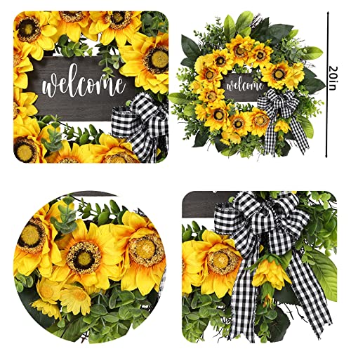 Sunflower Wreath With Welcome,Spring Summer Wreath For Front Door, Unique Housewarming Gift,Mother'day Gift,Farmhouse Porch Decor,Sunflower Wall Decor,Wedding Favors,Year Round Wreaths-20Inch #TOP5
