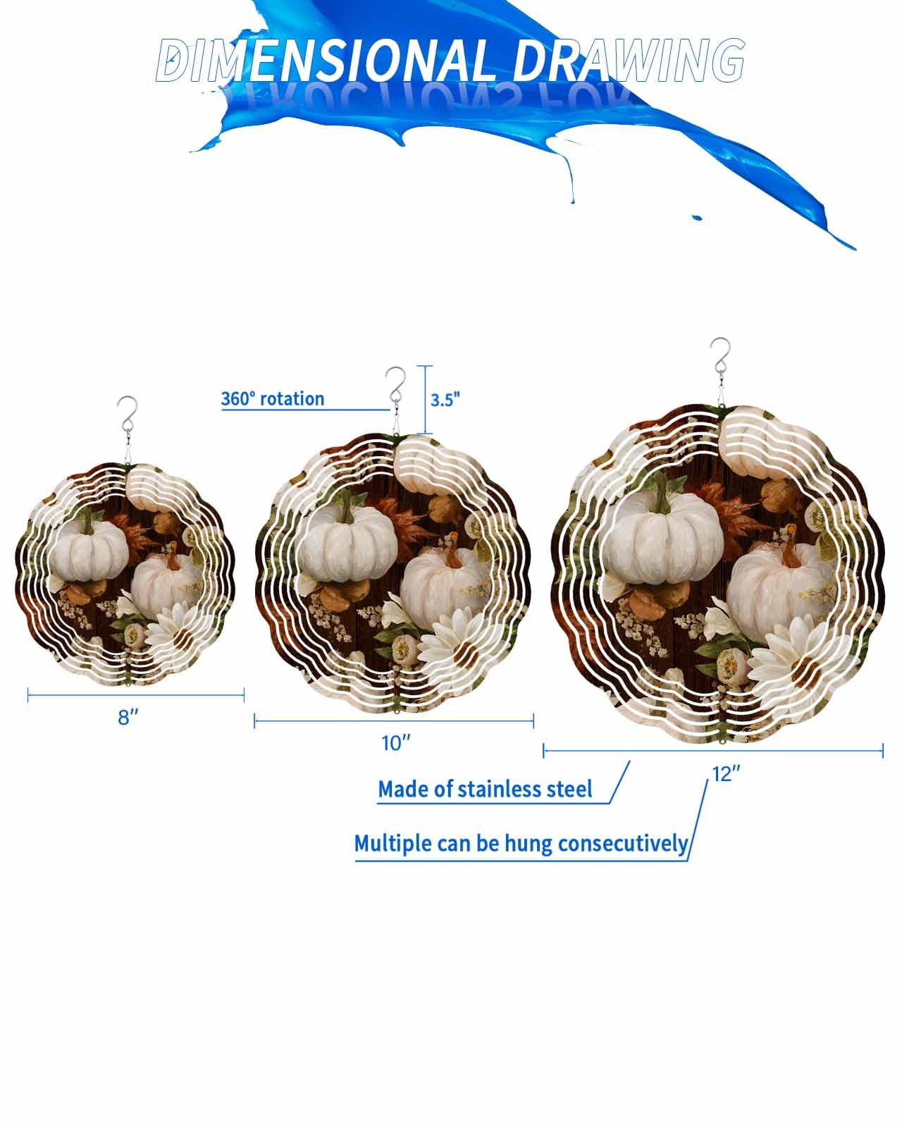 Plant Wind Spinners, Fall Pumpkins White Flowers Vintage Hanging Wind Spinners for Yard and Garden 3D Stainless Steel Metal Sculptures Crafts Ornaments 8 Inch