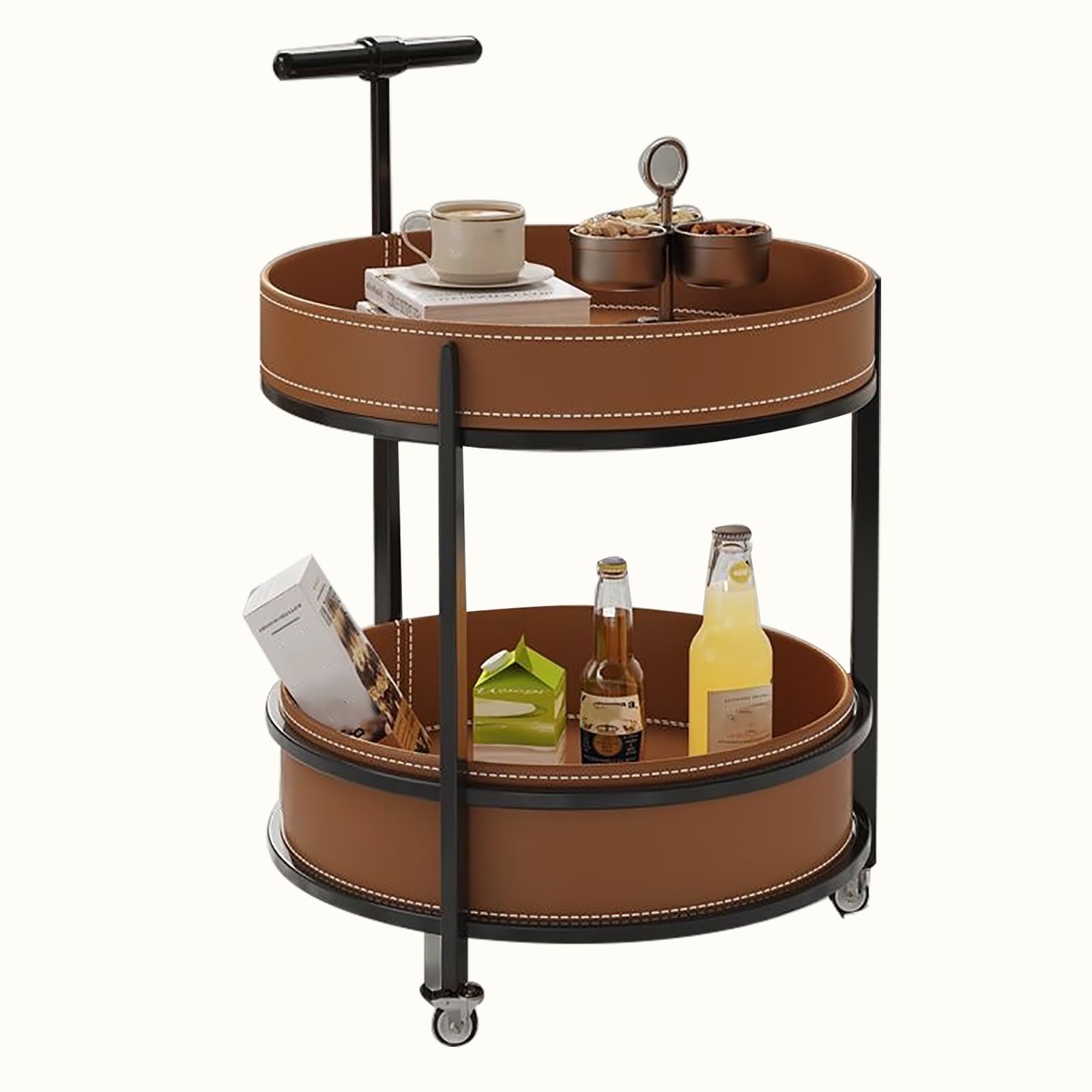 SXZenSpace End Table with Rolling Wheels Vintage Sofa Side 2 Tier Armrests Storage Cart for Living Room(Brown)