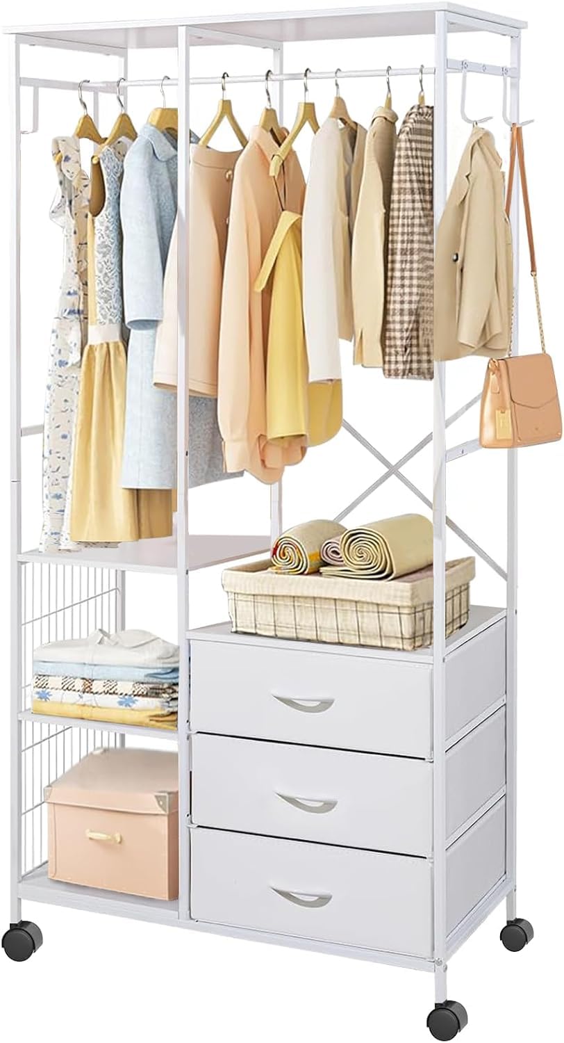 Portant à vêtements avec tiroirs de rangement et penderie mobile blanche 169 cm