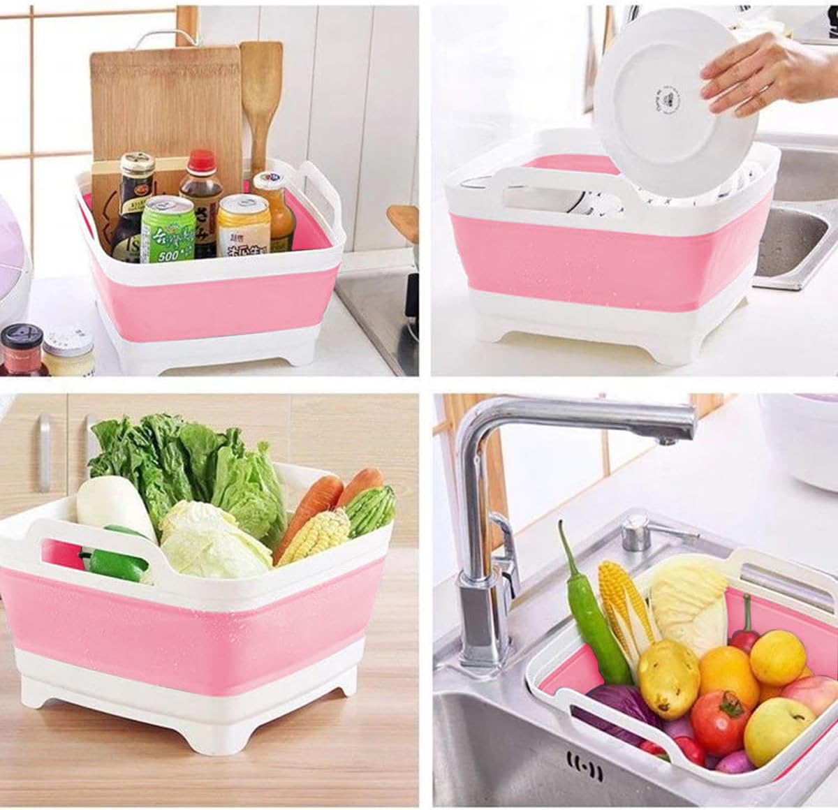 9L (2.4Gal Dish Basin Collapsible with Drain Plug Carry Handles , Space Saveing Kitchen Storage Tray Dish Wash Basin, Portable Dish Tub for Camping ,RV,Pink image 5