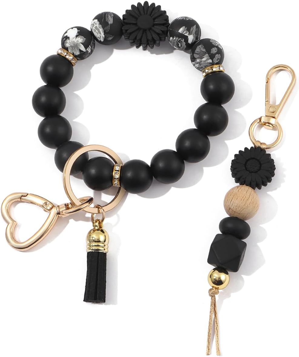 2PCS Silicone Beaded Wristlet Keychain Set, Upgraded Key Ring Bracelet Keychains for Women