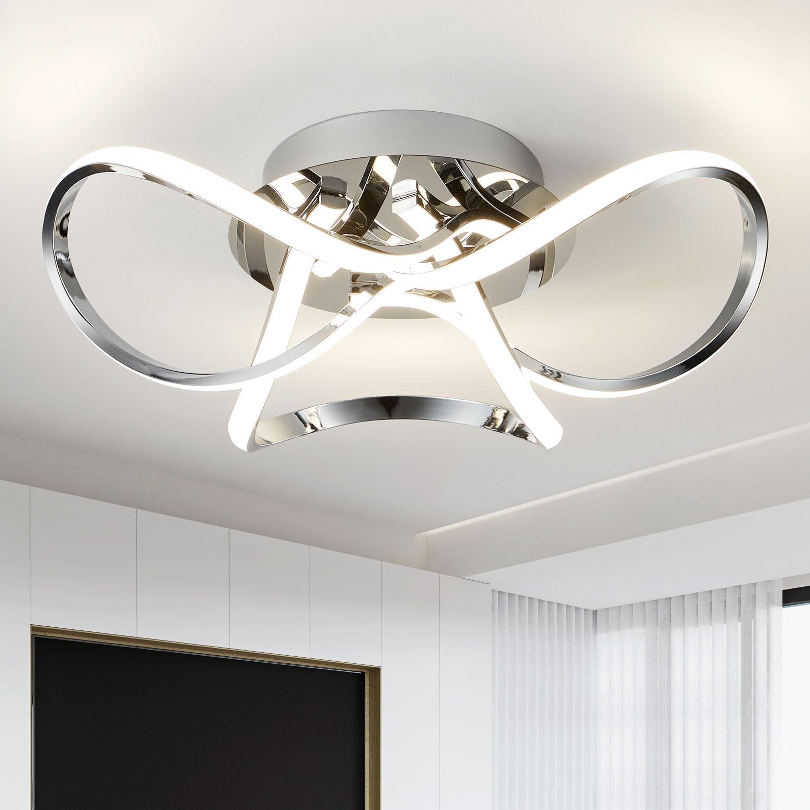 AL1016D Contemporary LED Chrome Semi Flush Ceiling Light, 36W 2200LM, Dimmable, 4000K Cool White, Modern Swirl Design, Ideal for Lounge, Living Room and Bedroom, 36 W