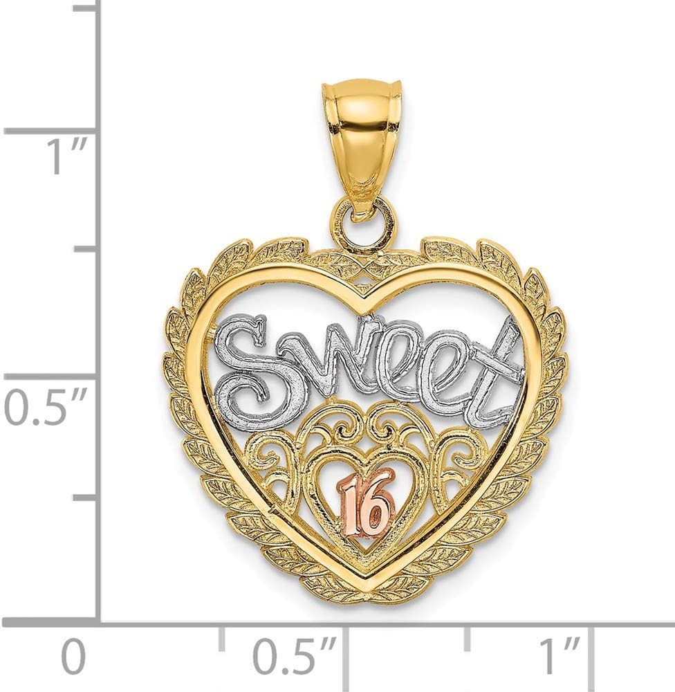 14K Tri-Color Sweet 16 Girl Birthday In Heart Charm Pendant