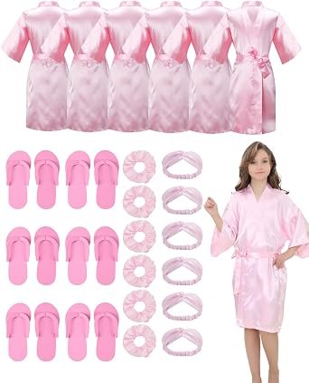 EPLAZA 6 Pack Girl Birthday Squad Spa Party Robes with Eye Masks Headband for Slumber Wedding Bridal Flower girl