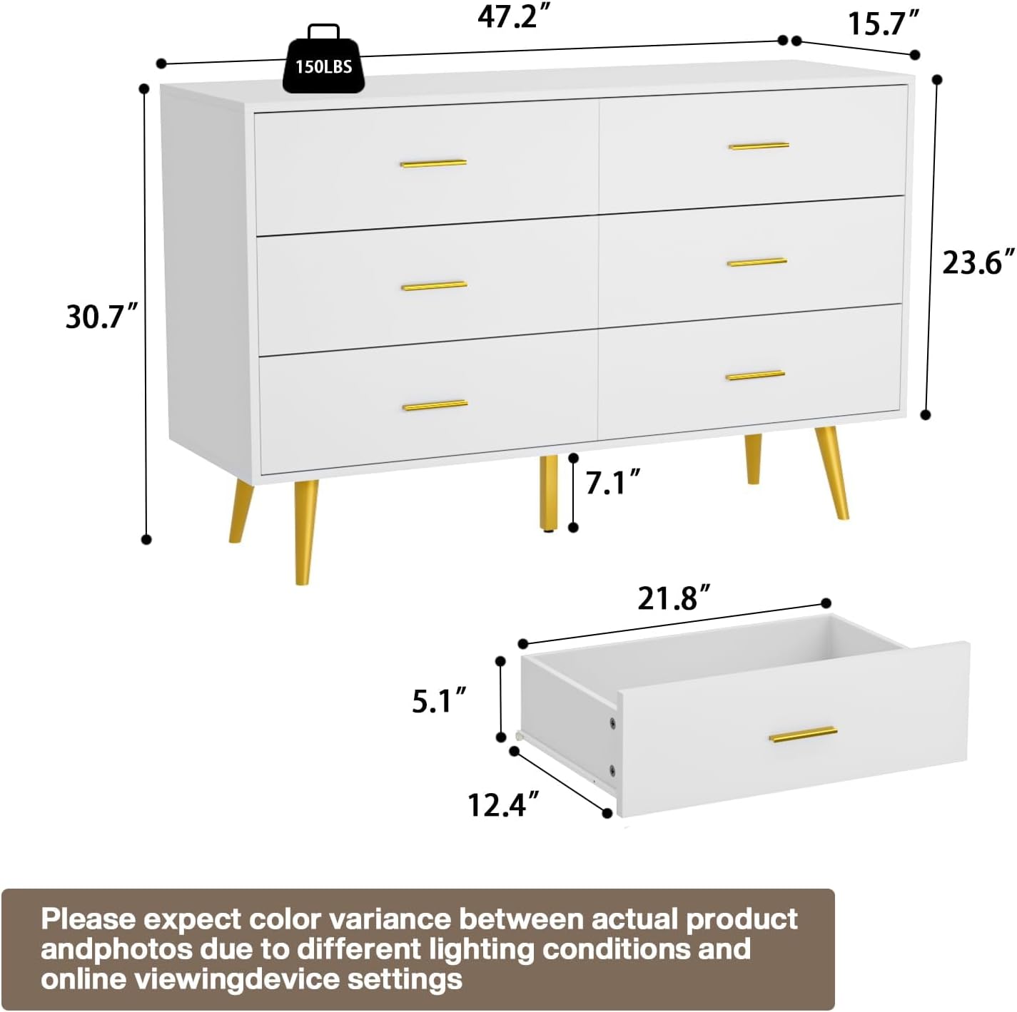 CARPETNAL White Dresser for Bedroom, 6 Drawer Dresser with Wide Drawers and Gold Metal Handles, Wood Dressers & Chest of Hallway, Entryway.