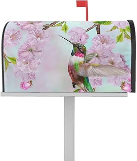 Mailbox Cover Magnetic Idyllic Flower Pink Cherry Blossom Mailbox Covers Standard Size 21x18in,Mailbox Covers Wrap Post Letter Box Cover for Garden Yard Outdoor Decor Hummingbird Bird Spring Floral