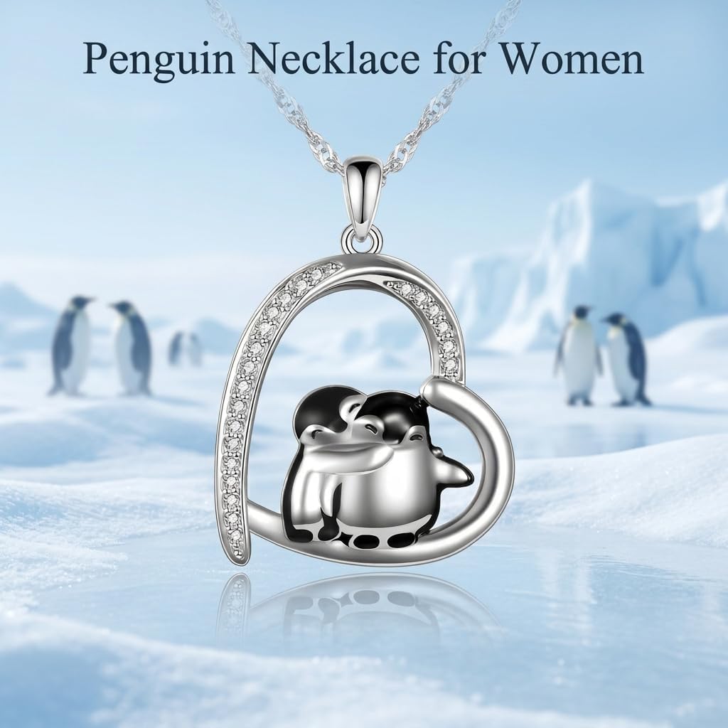 Heart Necklace for Women Silver Penguin/Cats/Deer Daughter Necklace Cute Animal Jewelry Gifts for Daughters