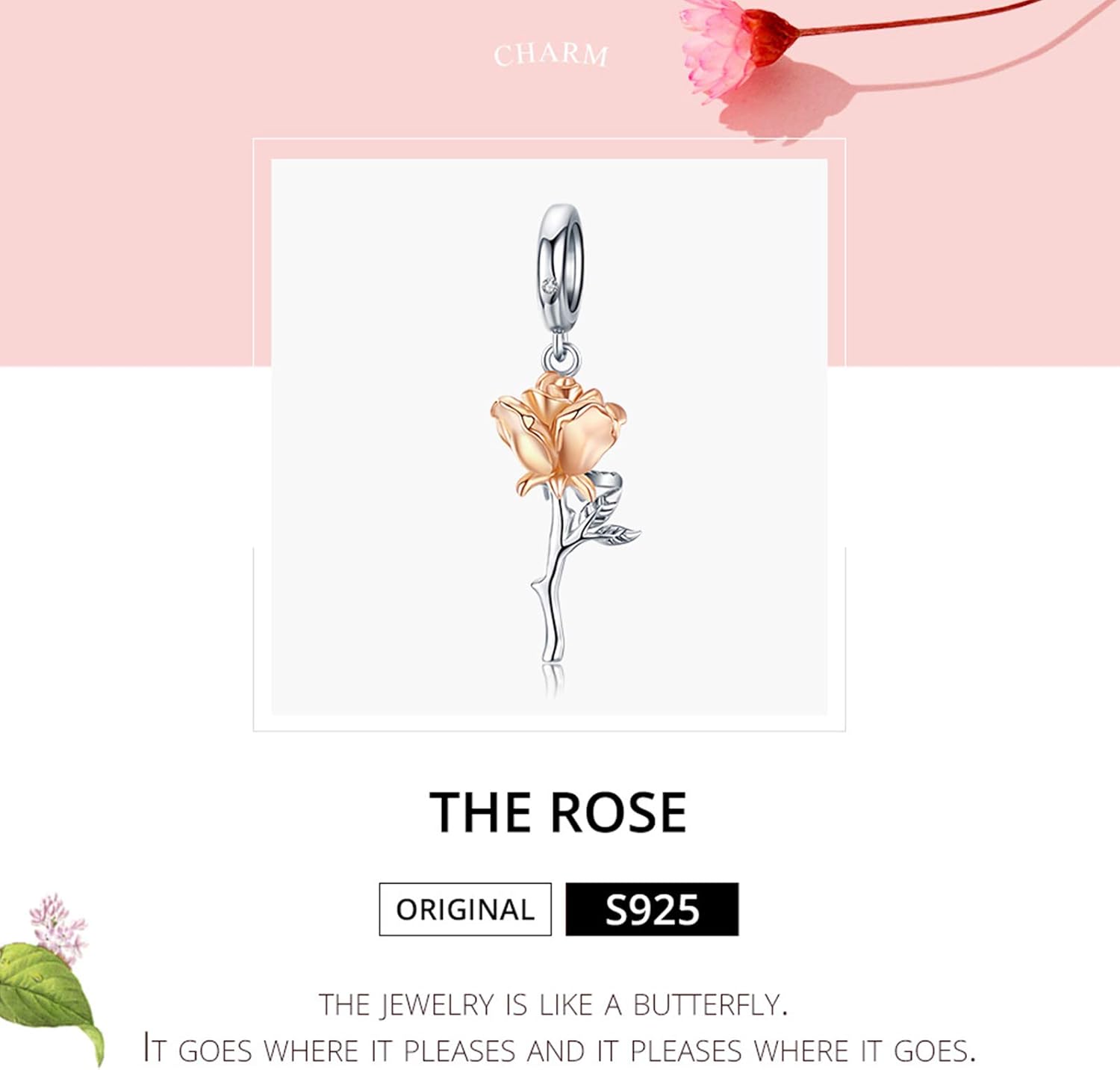 Presentski Rose Flower Charm Silver Rose Gold 3D Flowers Dangle Charms for Bracelet, Dainty Tulip Carnation Peony Pendant Charms for Bracelets Necklace Platinum for Women Girls - Image 7