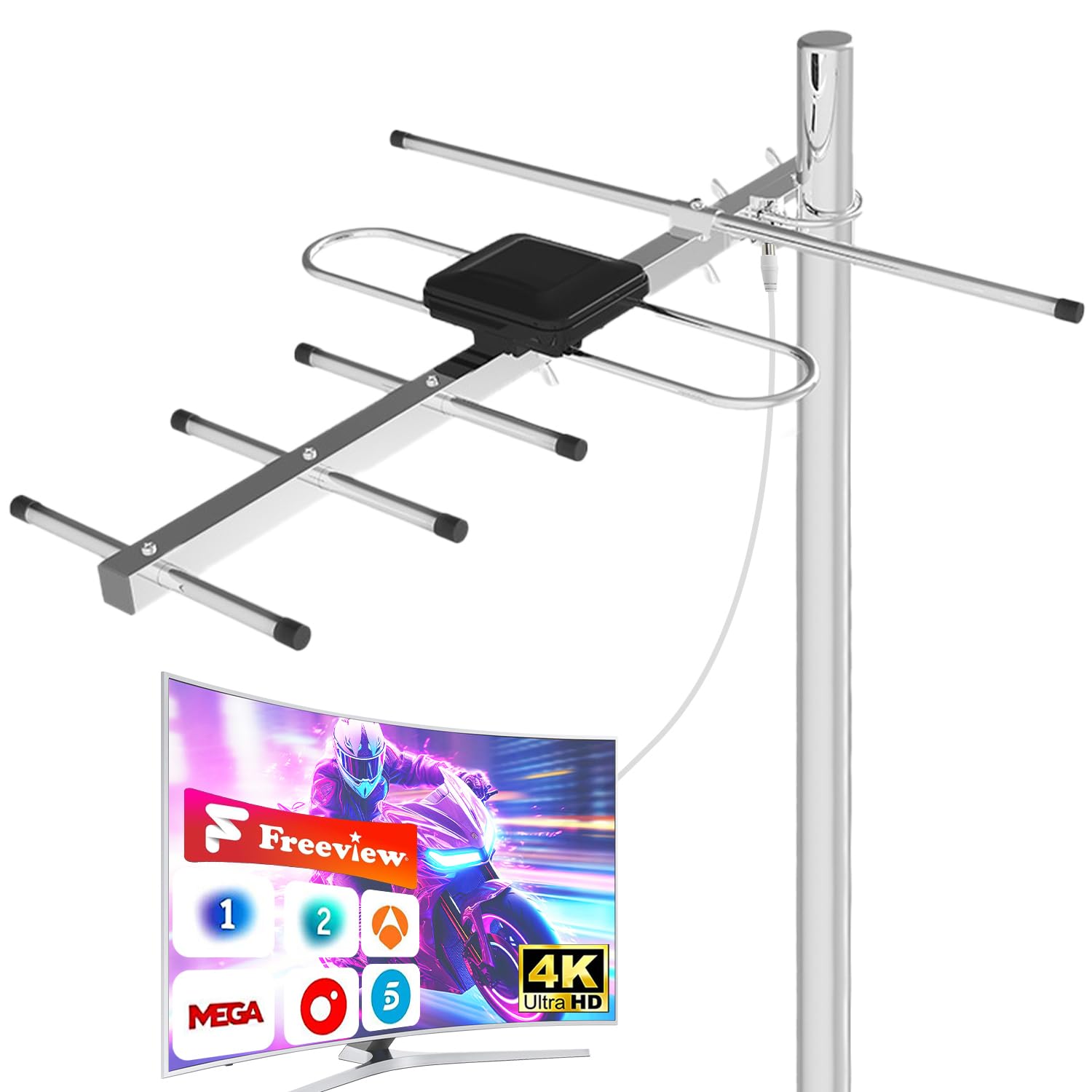 Antena TV Exterior para Smart TV – Antena TDT Digital HD 4K/1080P con Recepción UHF/VHF Estable, Largo Alcance, Resistente al Clima, Cable Coaxial de 8 m, Instalación en Tejado, Terraza y Exterior