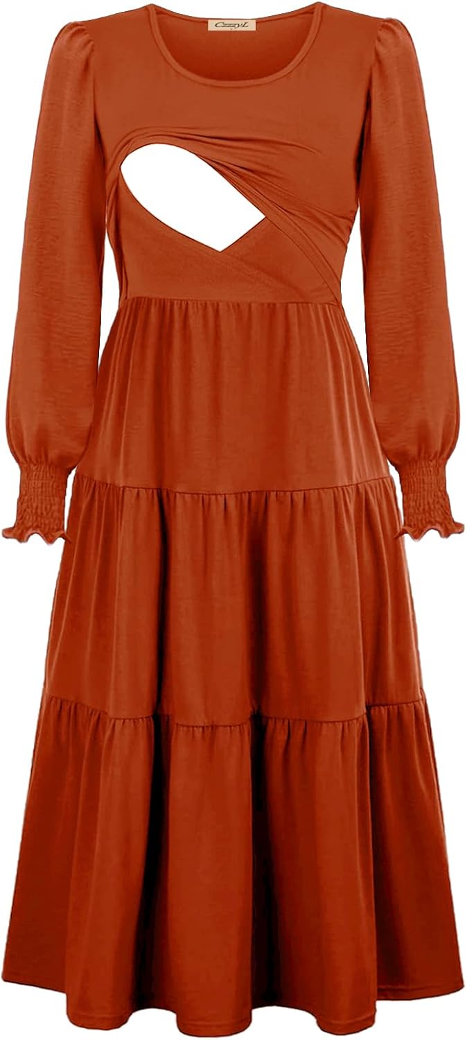 Womens Flutter Long Sleeve Smocked Tiered Nursing Dress for Breastfeeding with Pockets - Image 3