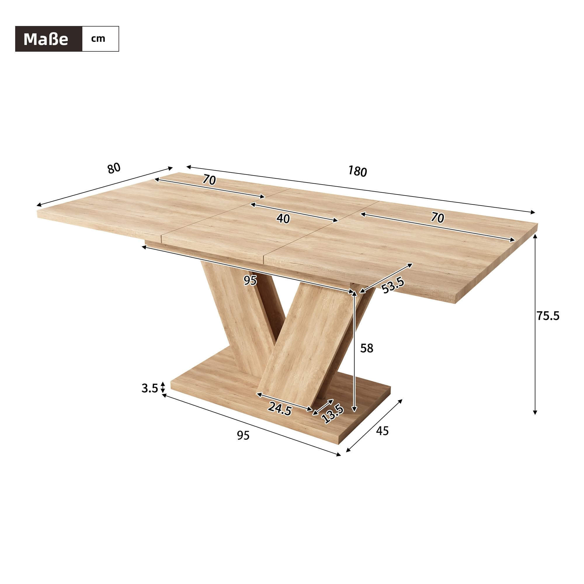 Ausziehbarer Esstisch 140/180 * 80 cm, für 4-6 Personen, Rechteckiger, verdickte Tischplatte, V-förmige Beine, Eichenfarbe