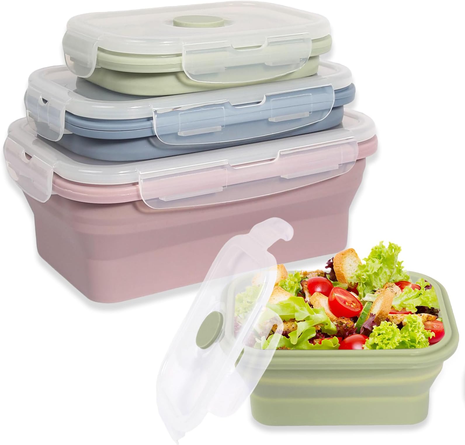 3 Pieces Silicone Collapsible Lunch Box Collapsible Silicone Lunch Box Airtight Lunch Box with Lid Bento Box Food Container Bento Box for Camping Picnic Office Kitchen