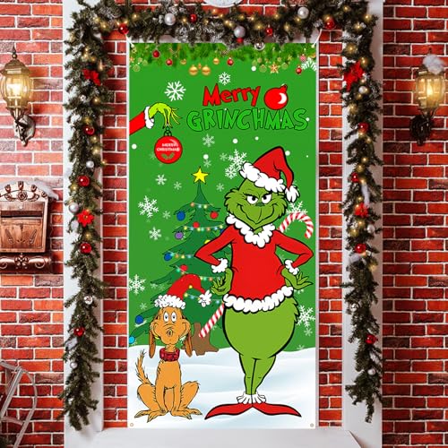 Gatwrmth Green Christmas Door Cover 180x90cm - Grinch Christmas Decorations, Hanging Banner for Indoor & Outdoor, Xmas Party Decorations for Door, Wall, Hallway
