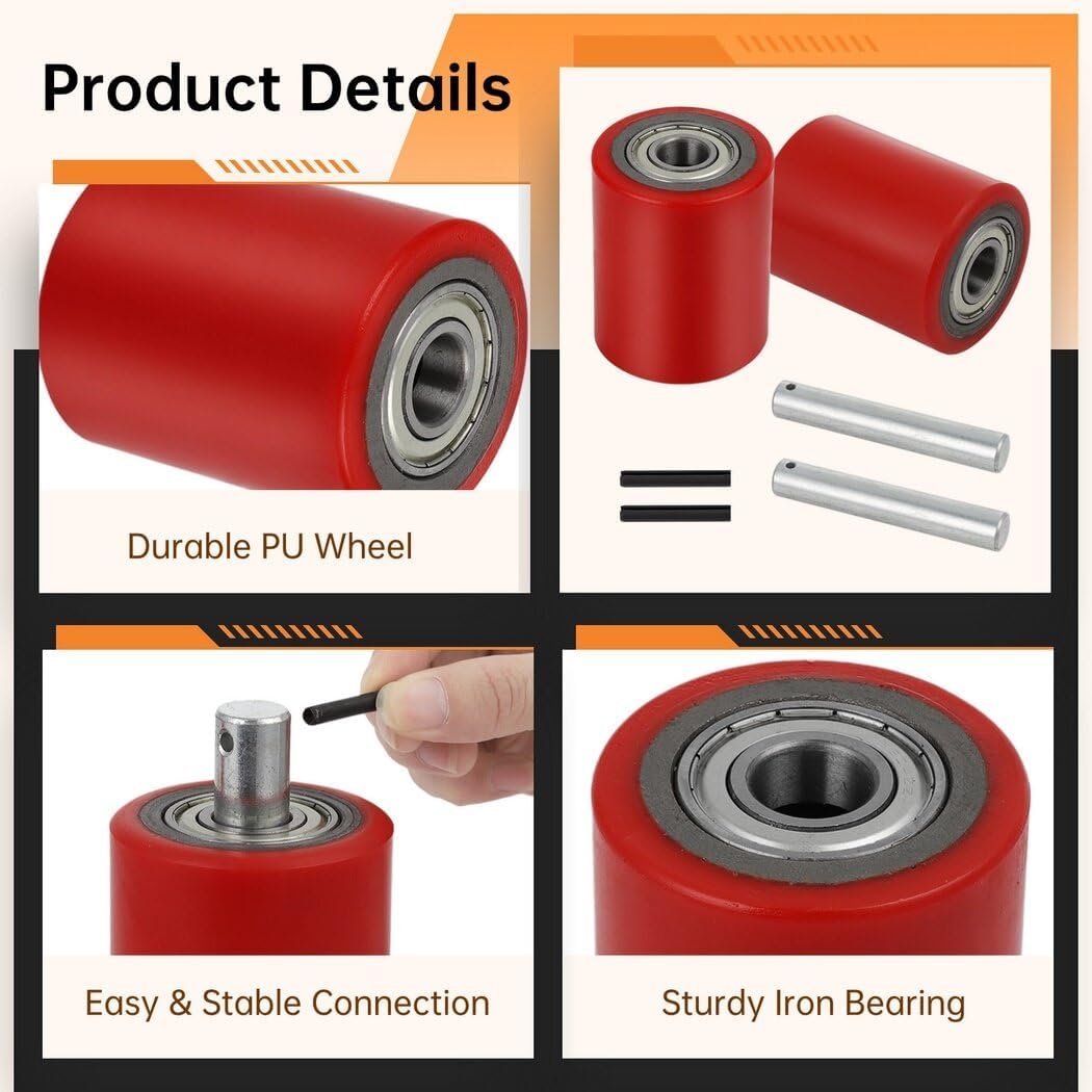 1 Pair Pallet Jack Load Wheels, Manual Pallet Jack Truck Wheels 3” x 3.75” with Bearings ID 20mm, Pallet Jack and Lift Truck Rear Wheel Replacement, Red(1 Pair)