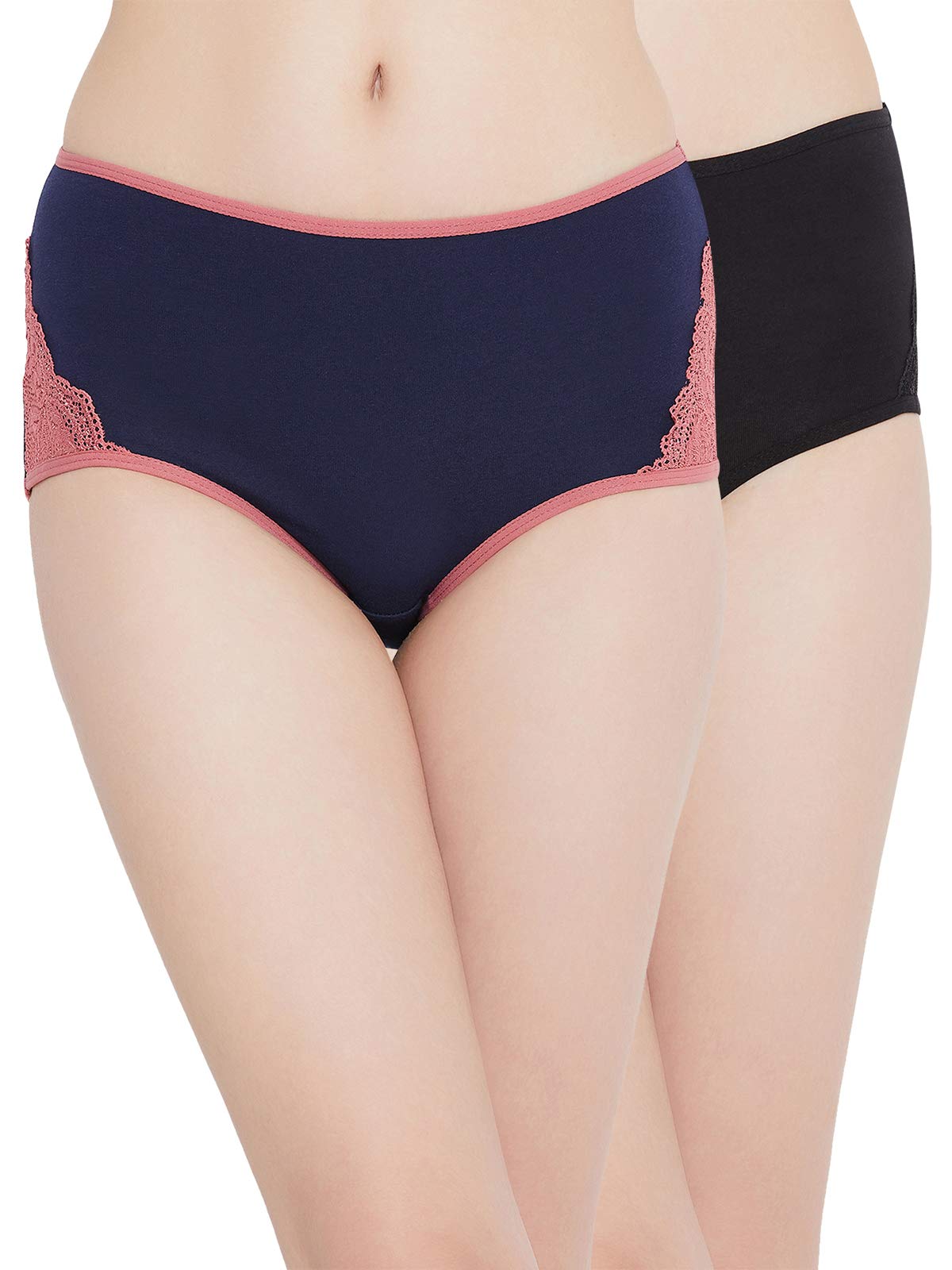 clovia Women's Cotton High Waist Hipster Panty with Lace Inserts - Blue & Black-picture-46