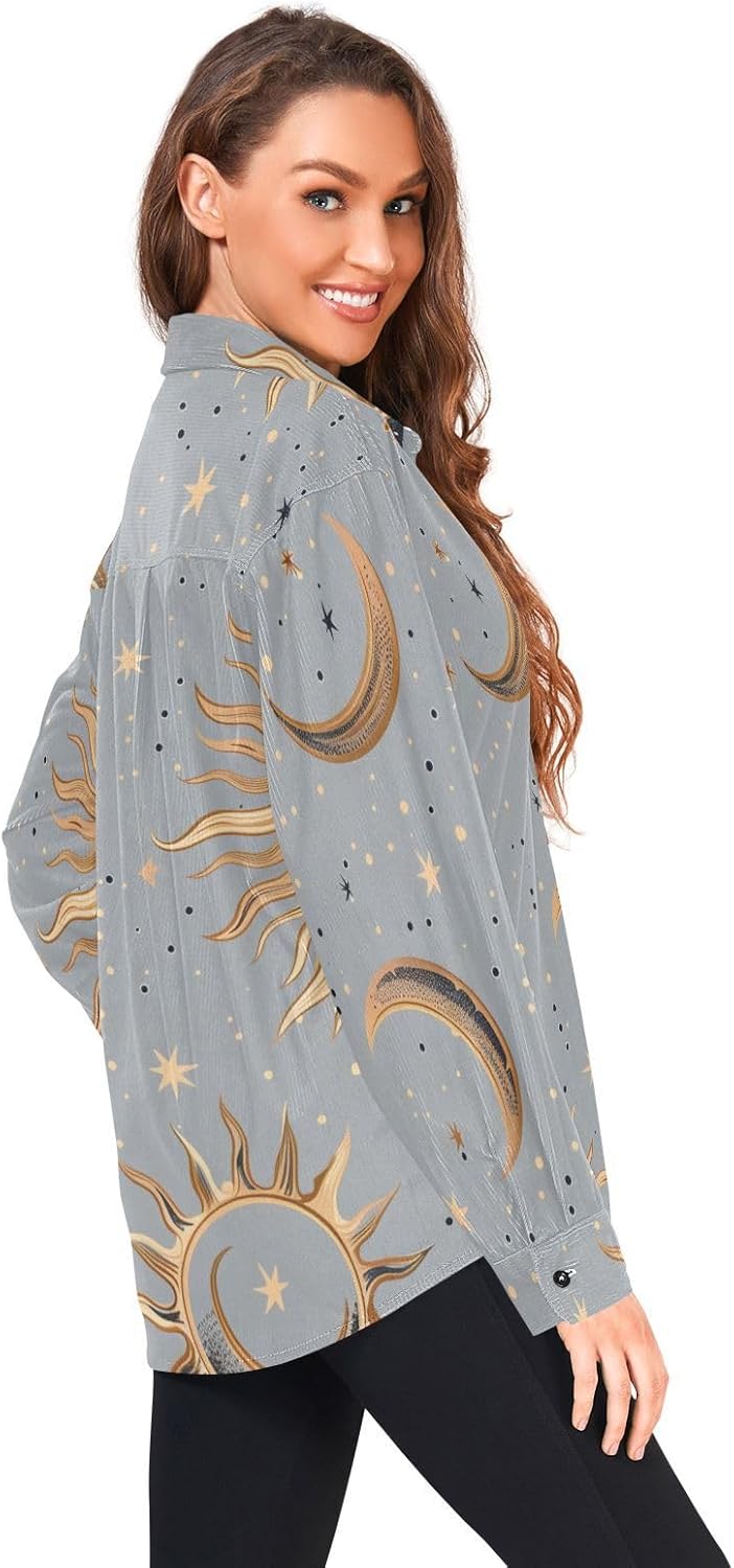 Golden Celestial Voodoo Style Woolen Cord Fabric Mens Rugby Shirts Long Sleeve for Women Office with Pockets