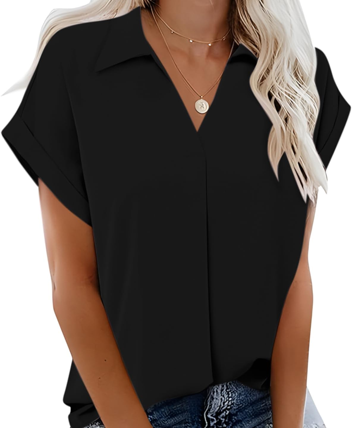 NILOINE Blouses for Women Dressy Casual Summer Tops Short Sleeve Shirts Business Flowy Work Blouse V Neck Tunic