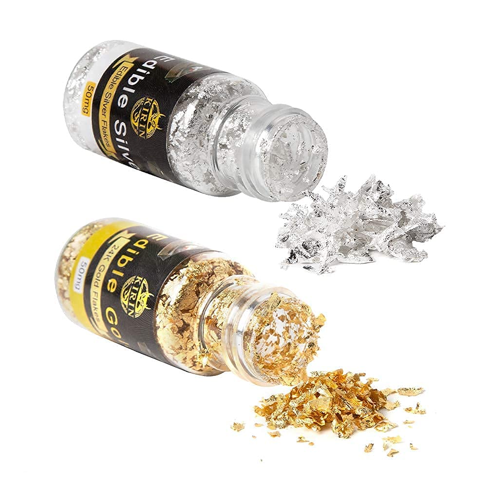 KIRIN 24K Gold Leaf Flakes and 100% Pure Silver Foil Flakes, 50mg Real Gold Foil and 50mg Real Silver Foil for Cake Chocolate Drinks Desserts Decoration, DIY Craft, Art Painting and Furniture Design