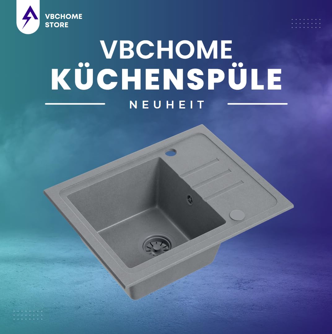 VBChome Fregadero de granito gris con grifería, 55 x 44 cm, fregadero individual, empotrable, moteado, reversible, de granito, gris, con grifo de acero inoxidable con caño extraíble