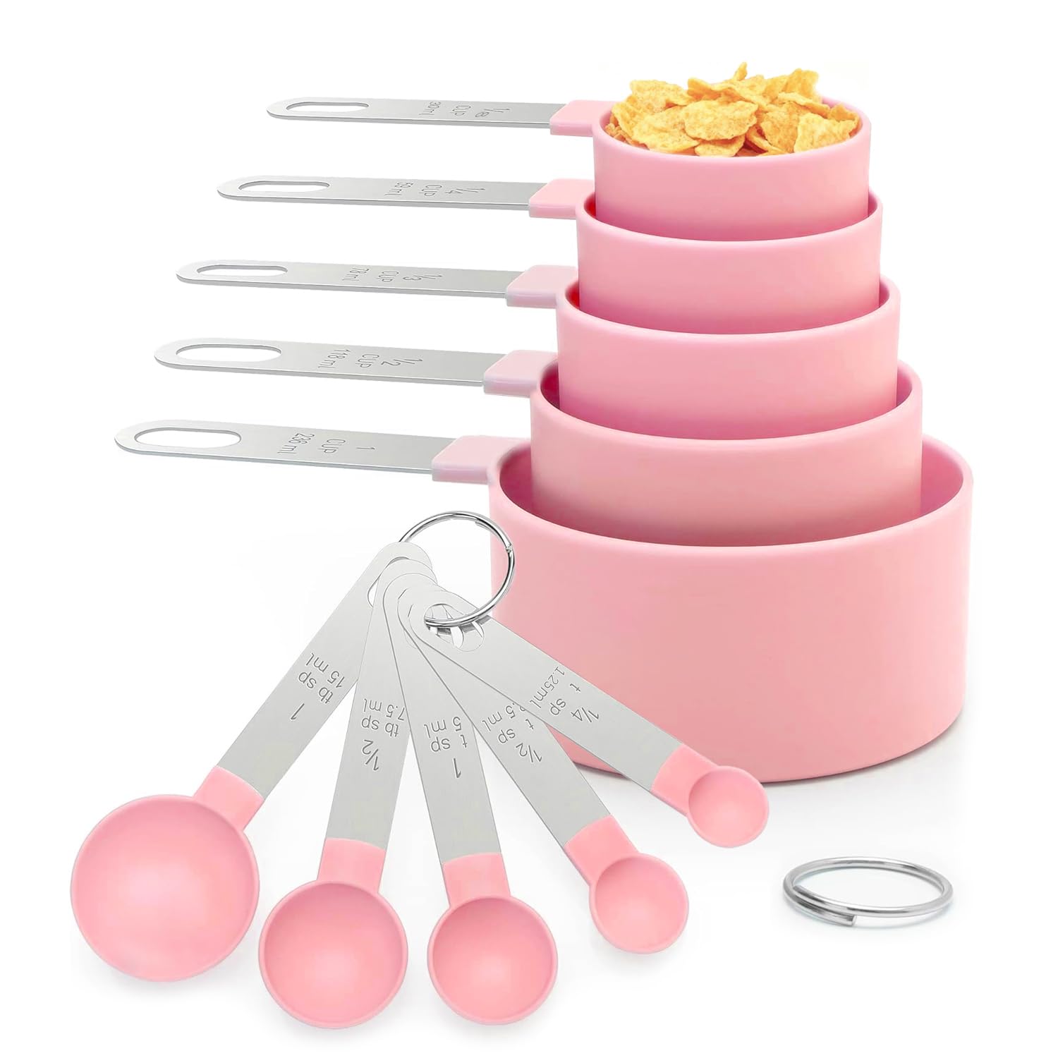 Measuring Cups and Spoons Set, 10 Pieces Stackable Measure Tools with Stainless Steel Handles, Kitchen Gadgets for Cooking & Baking (Pink)