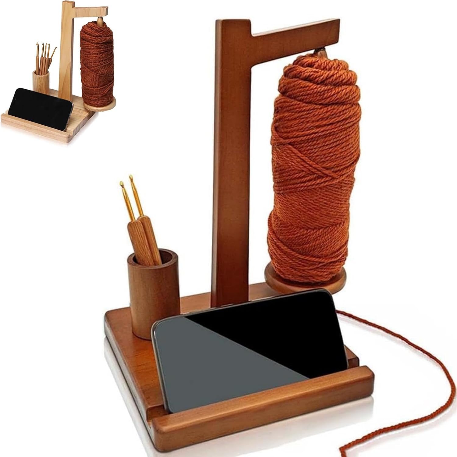 Wooden Yarn Spool Rack, Wooden Yarn Holder with Phone Stand, Magnetic Yarn Ball Spinner Holder for Crocheting and Knitting, Wooden Yarn Holder for Crocheting, Gifts for Cochet Lovers (Brown)
