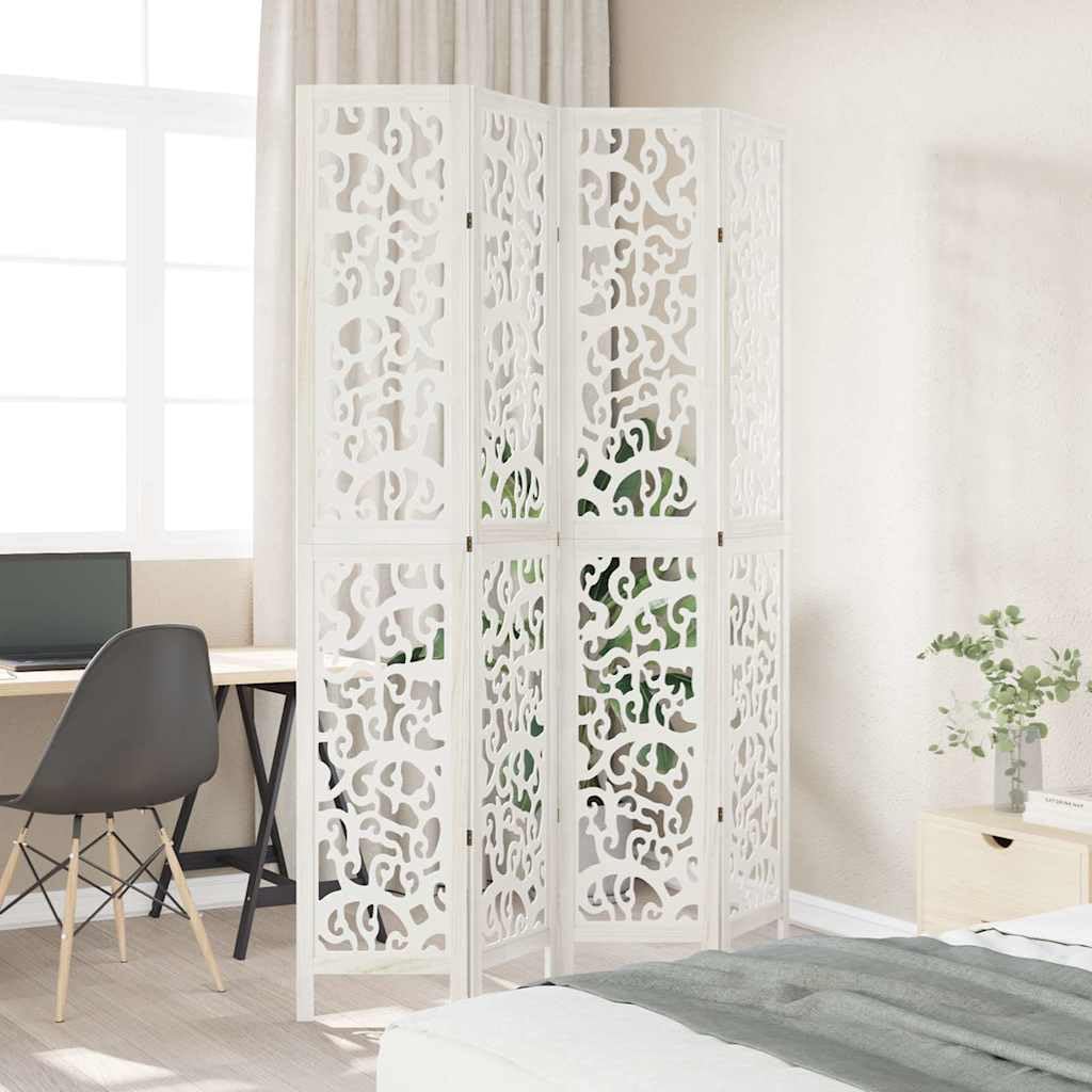 Divisorio da 4 pezzi, bianco, 140 x 220 cm, in legno massiccio, parete spagnola