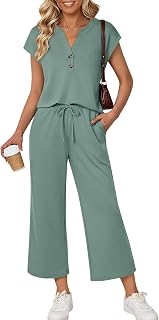Lillusory Womens 2 Piece Lounge Set Henley Top & Wide Leg Pants