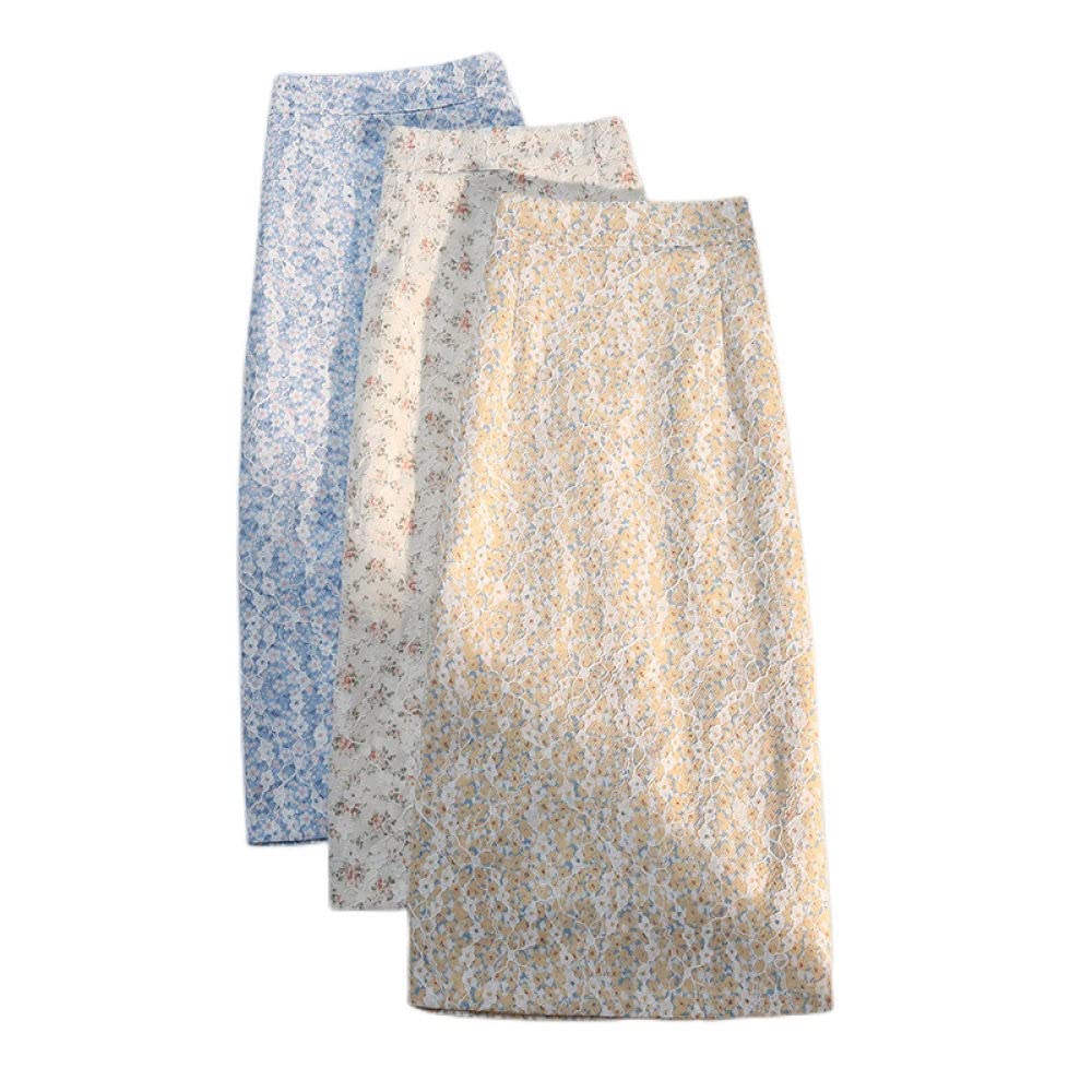 Gonne,Gonna Midi da Donna Elastica Bianca Vita Alta Gonna Floreale in Pizzo retrò Boho Spacco con Cerniera Gonne Lunghe Eleganti A-Line Increspate per Ragazze Signore,L