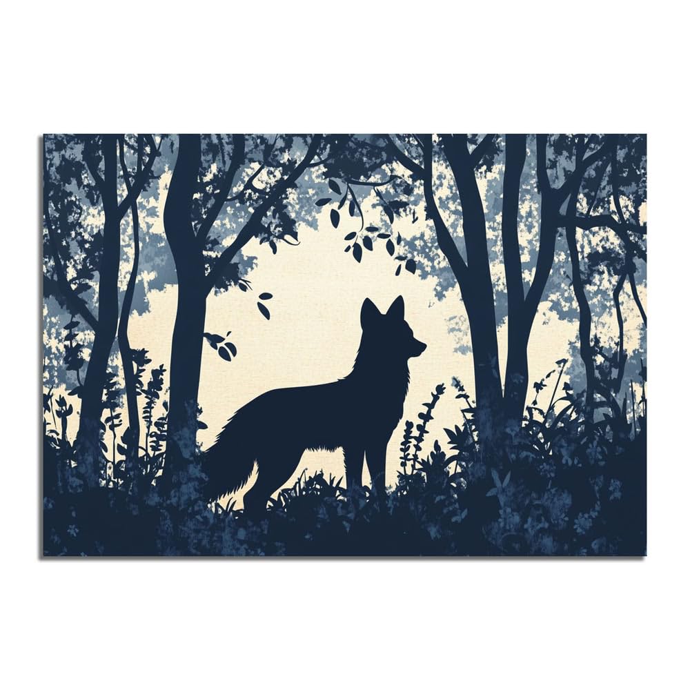 TERUEA Cute Animal Canvas Wall Art Picture Fox Silhouette Forest (Blue)-40x60cm Unframed