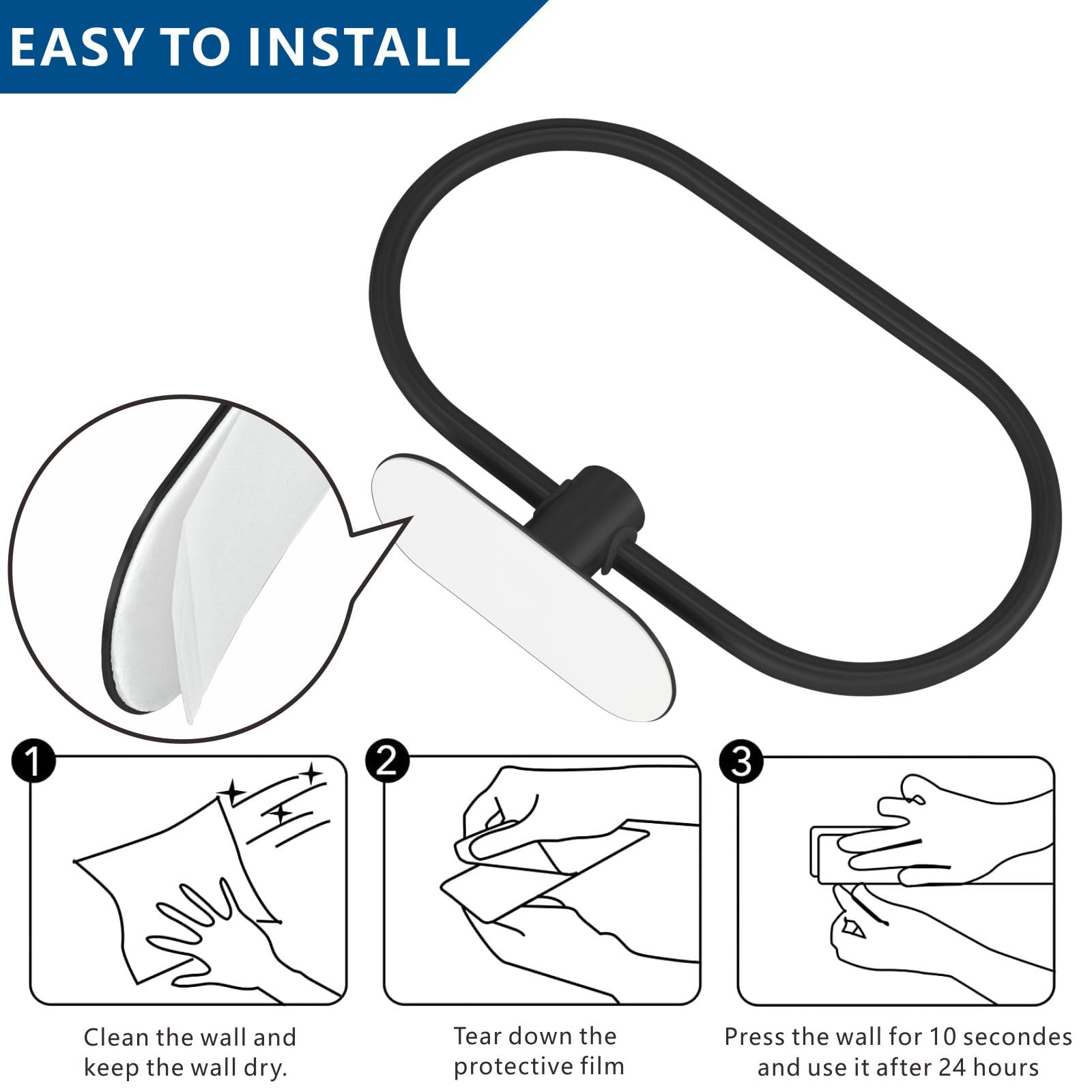 Eolax Selbstklebender Toilettenpapierhalter & Handtuchring – 2-teilig, Schwarz, Edelstahl, Kein Bohren