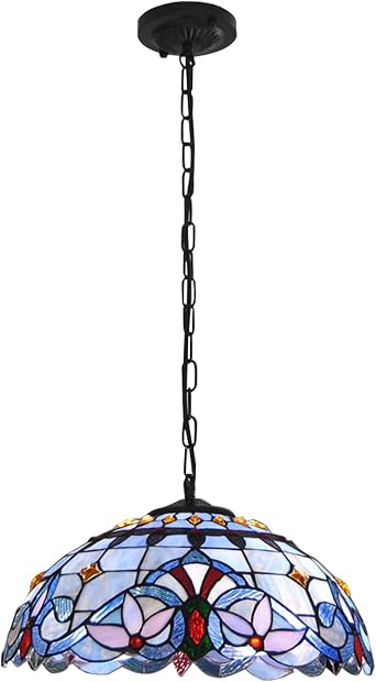 Tiffany Pendant Light, Rustic 2 Lights 16 Wide Baroque Style Stained Glass Hanging Lamp, Farmhouse Chandeliers for Dining Room, Foyer, Living Room, Kitchen Island, Stairway and Bedroom