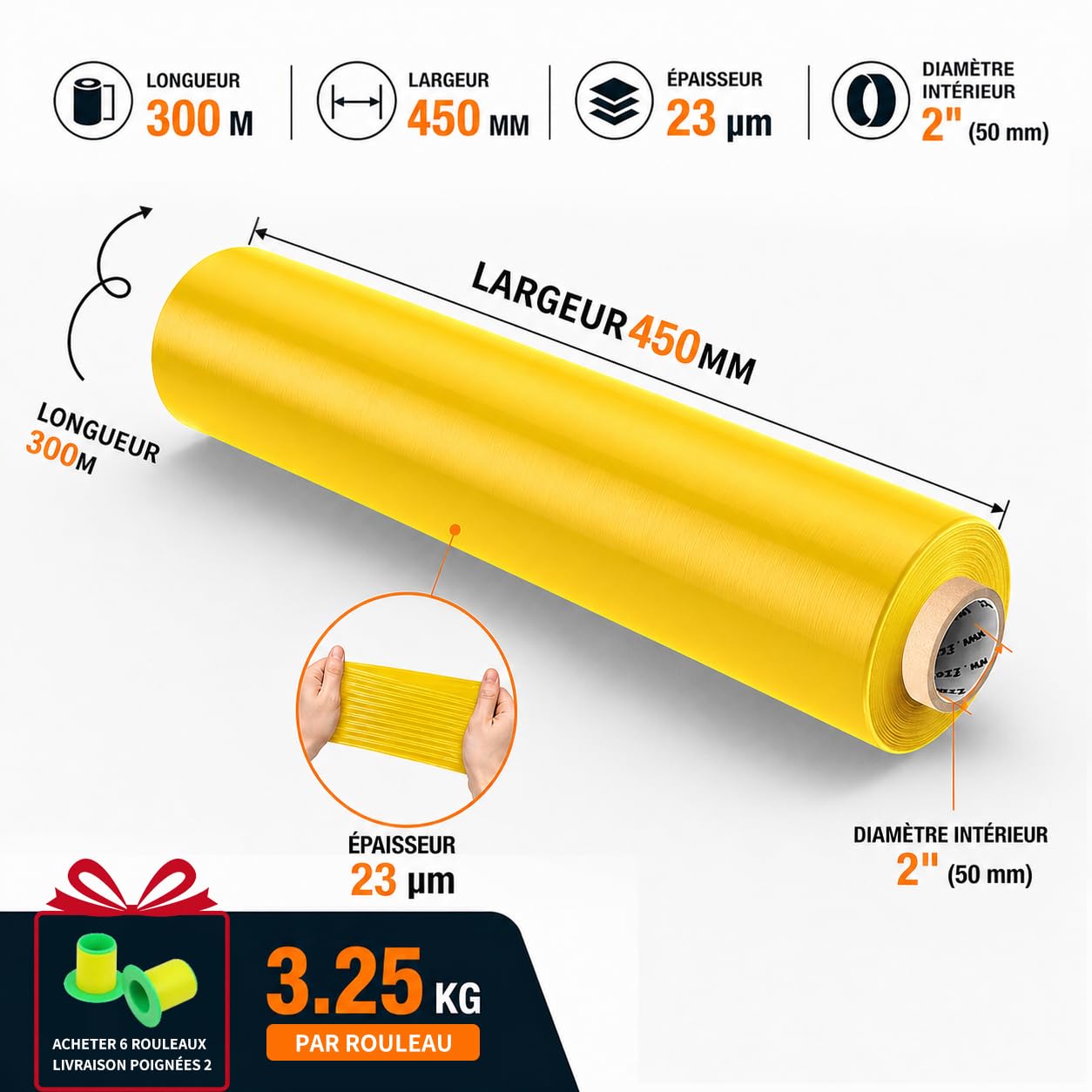Lot de 6 Films Étirables Jaunes 45 cm x 300 m, 23 Microns, 3,25 kg – Film Emballage Professionnel pour Palette, Colis, Déménagement et Protection de Meubles
