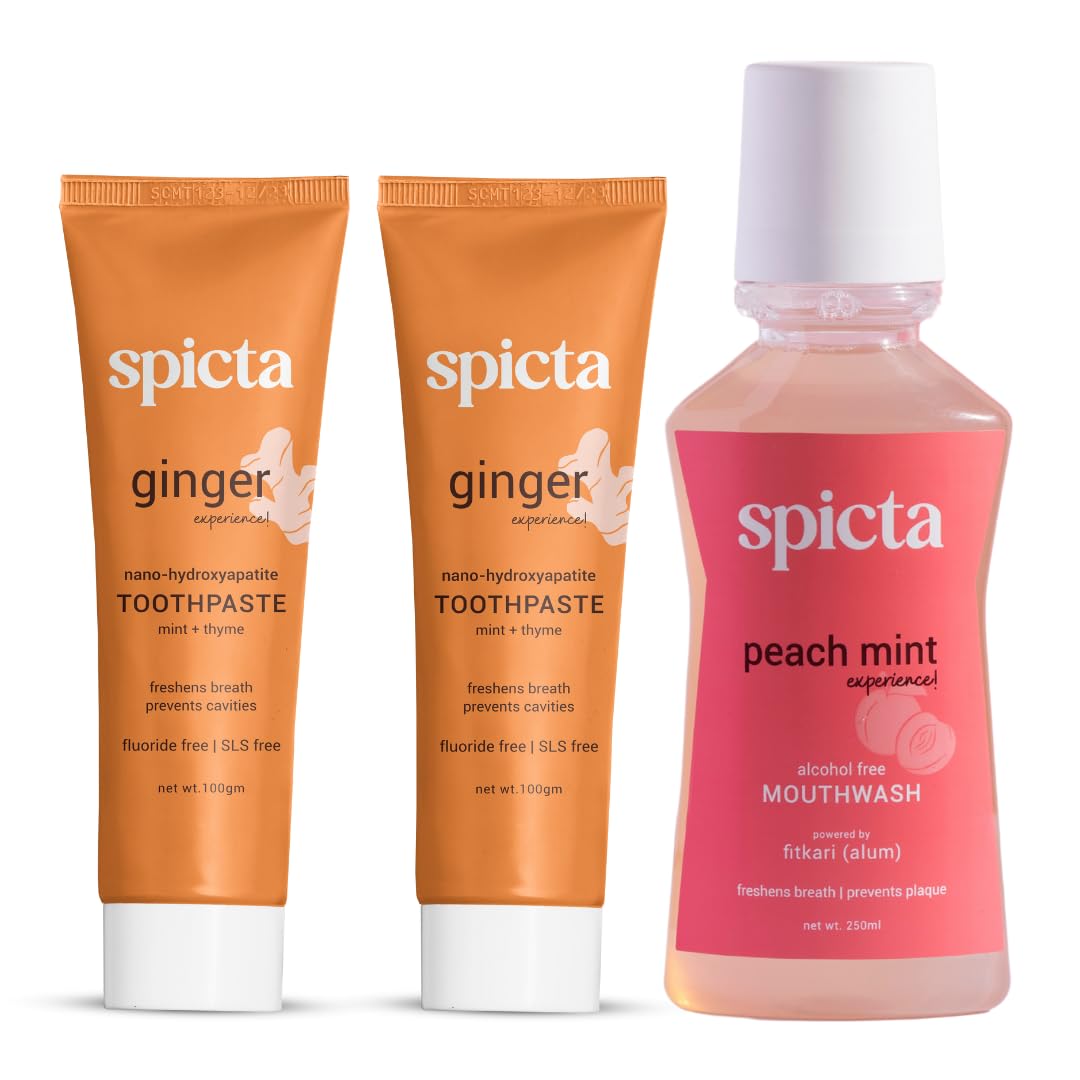 Spicta Ginger Mint Natural Hydroxyapatite Toothpaste 125gm & Peach Mint Mouthwash 250ml |Alcohol Free Mouthwash Liquid with Fitkari(Alum) |Fluoride Free, SLS Free, Herbal for Adults & Kids, Pack of 3 (B0CB6J51JQ) Amazon Price History, Amazon Price Tracker