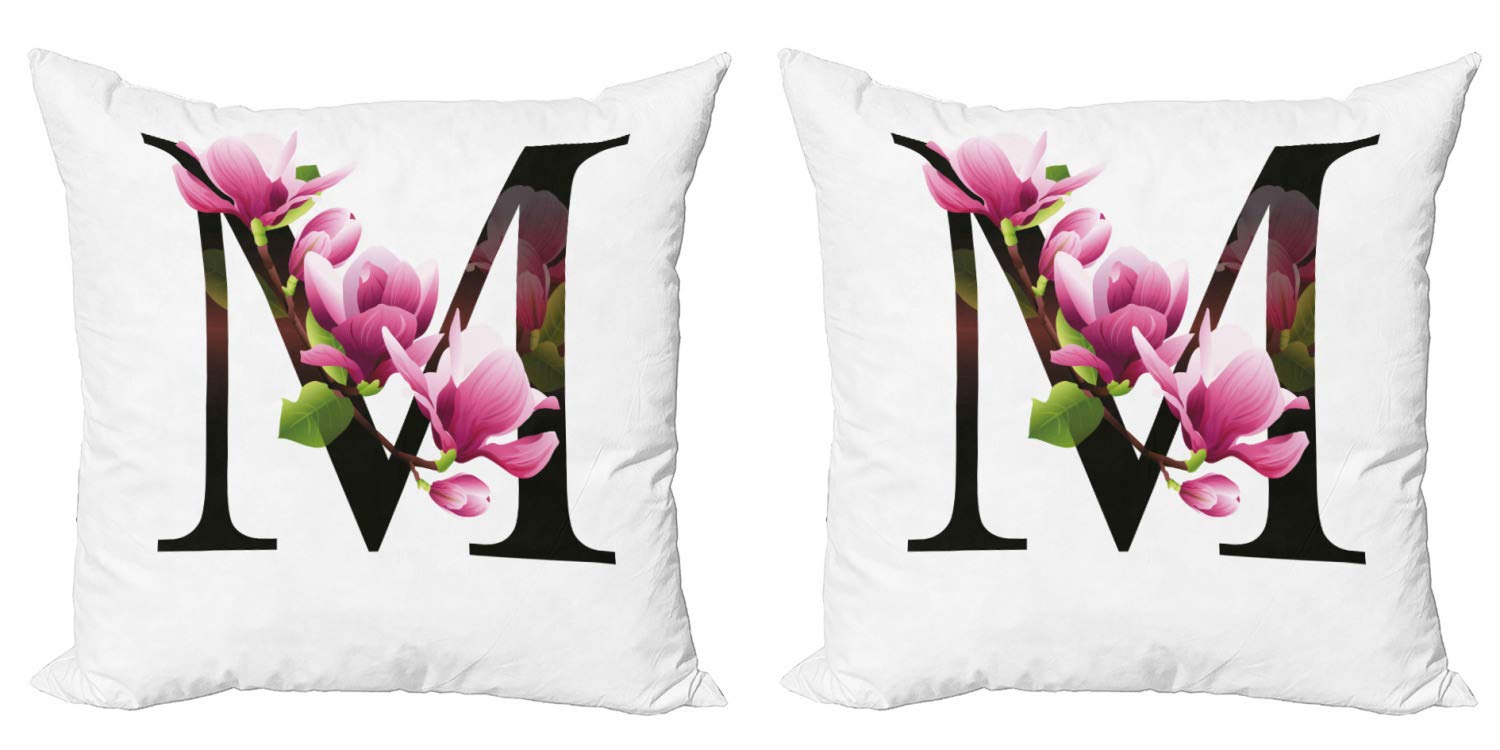 ABAKUHAUS Lettera M Federe Cuscini Set di 2, M con Magnolia Fiori, Stampa Digitale Fronte-Retro con Accento Moderno, 45 cm x 45 cm, Rosa Verde Nero