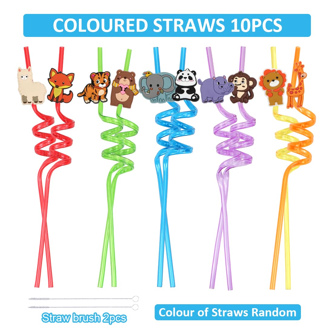 Pajitas para niños, 10 unidades, reutilizables, animales de la selva con cepillo de paja, pajitas de cumpleaños infantiles, pajitas de plástico coloridas como suministros de fiesta para cumpleaños