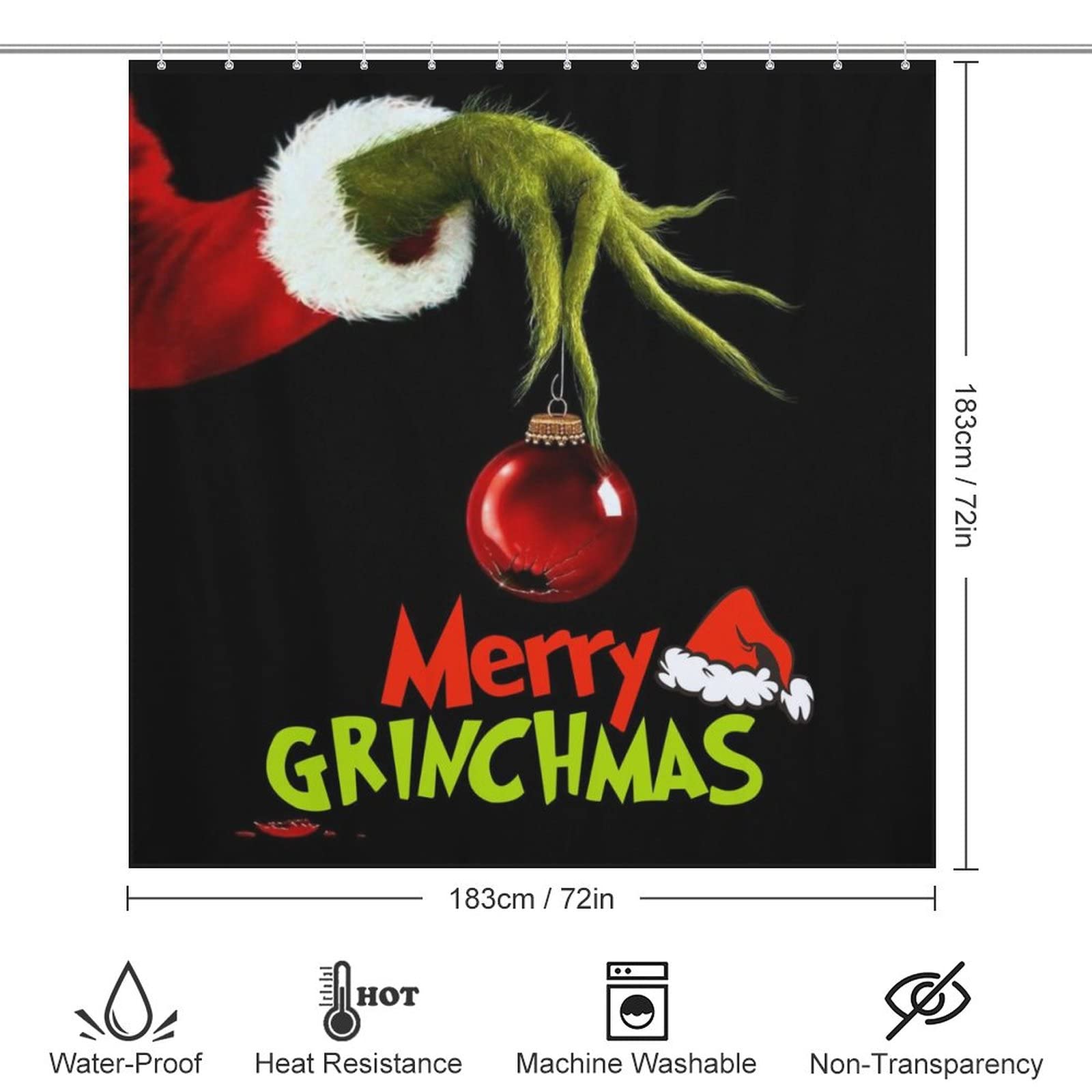 Grinch Weihnachts-Duschvorhang - Merry Grinchmas, 183x183 Cm, Wasserdicht, Mit Metallösen & Beschwertem Saum